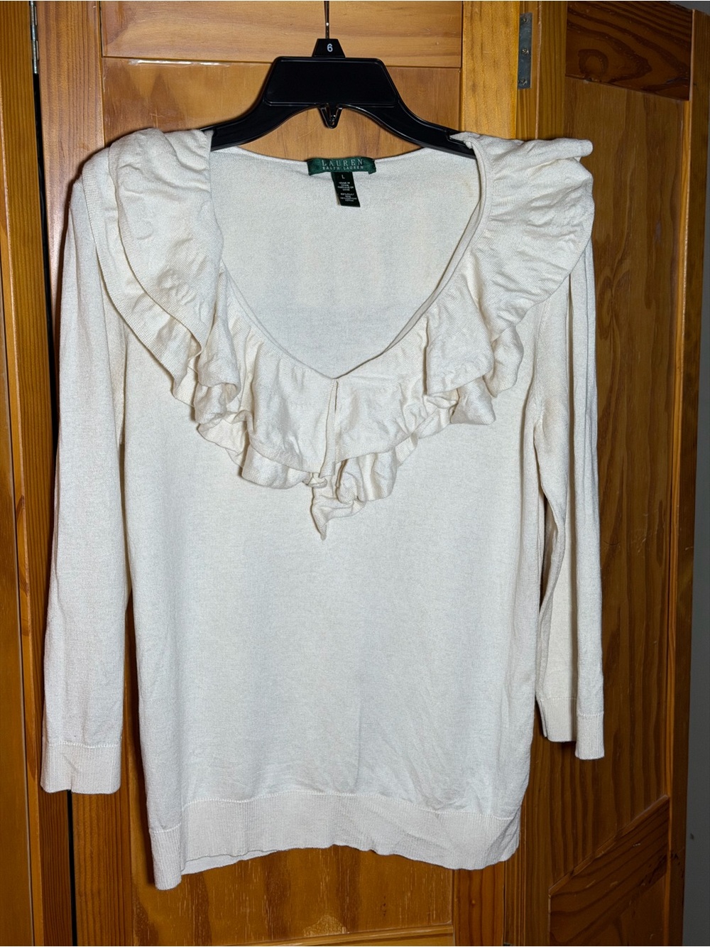Ralph Lauren Cream Ruffle V-Neck Silk Sweater| |Sz L|Luxury, Old Money